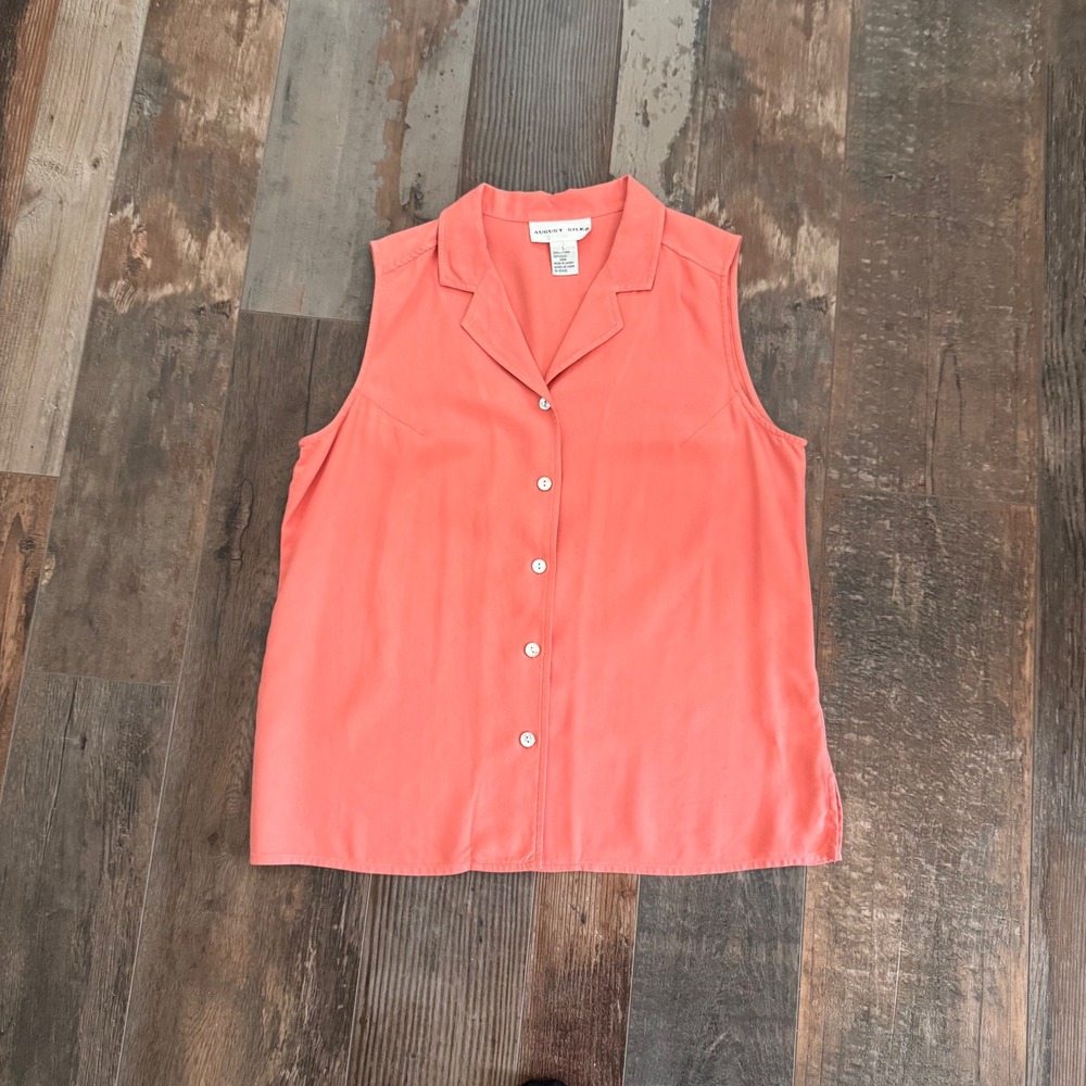 August Silk Sleeveless Blouse Size Large Pink/ Salmon Button Up 100% Silk